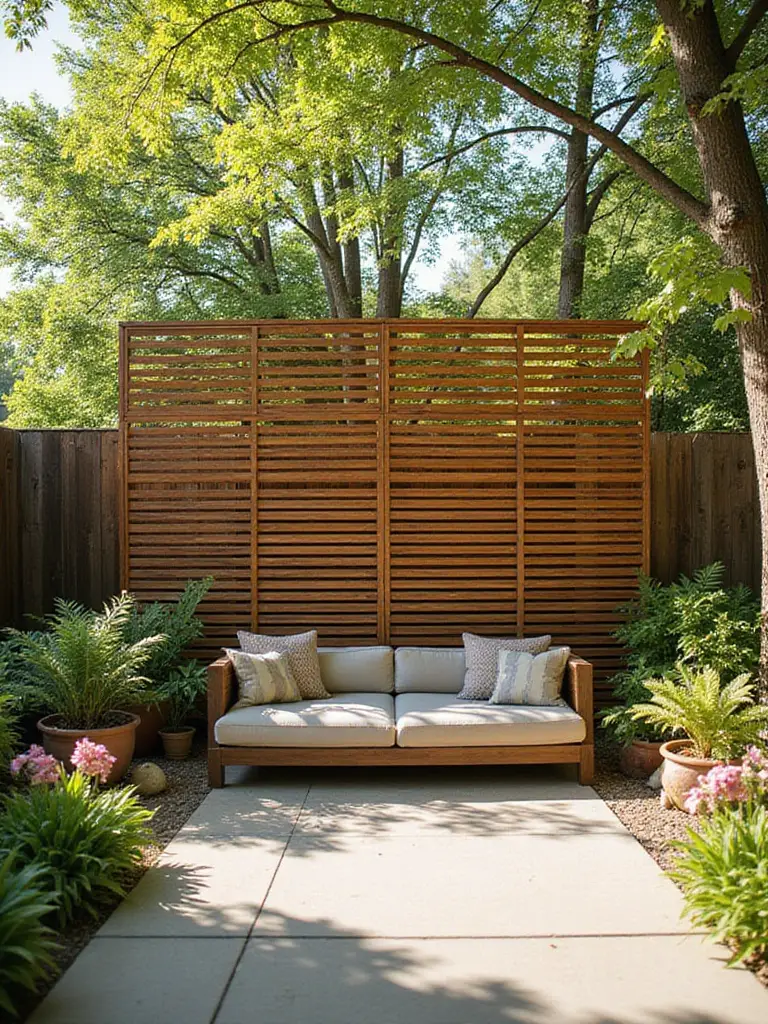 Modern slatted wood privacy screen enhancing a backyard seating area surrounded by plants.