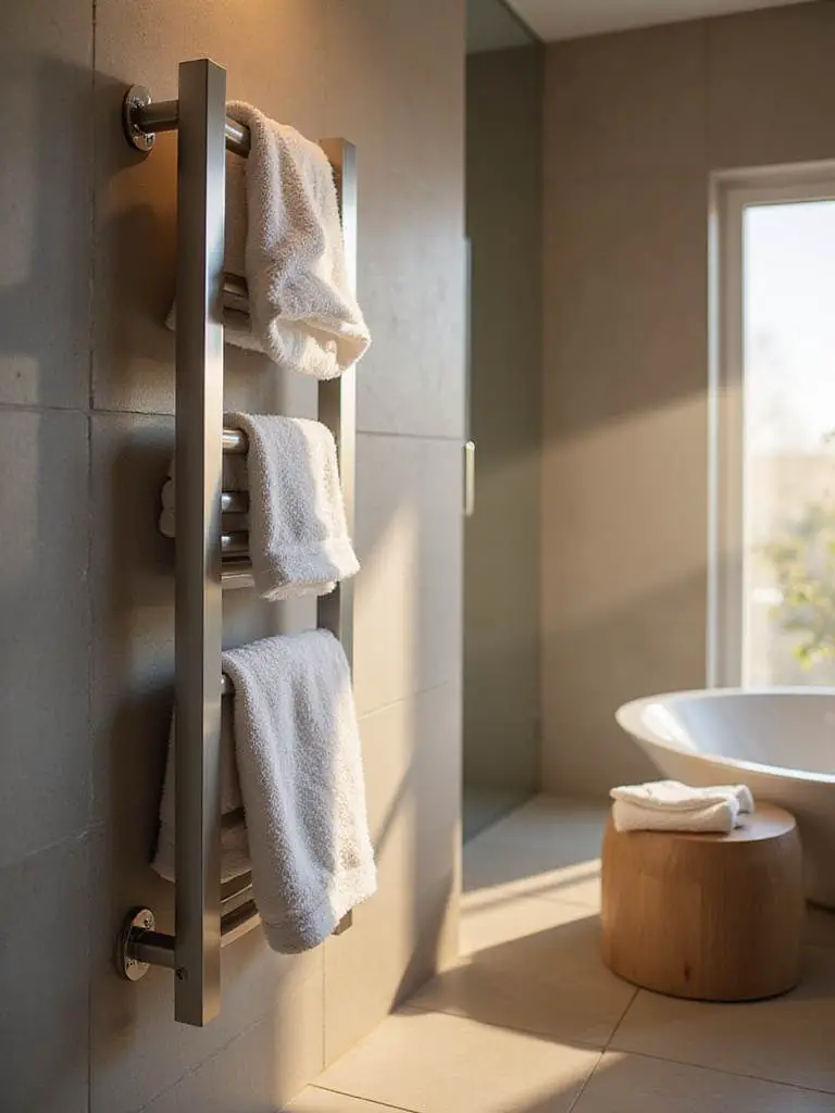 A modern bathroom featuring a wall-mounted heated towel rack holding warm white towels, set against a tiled wall with soft lighting.