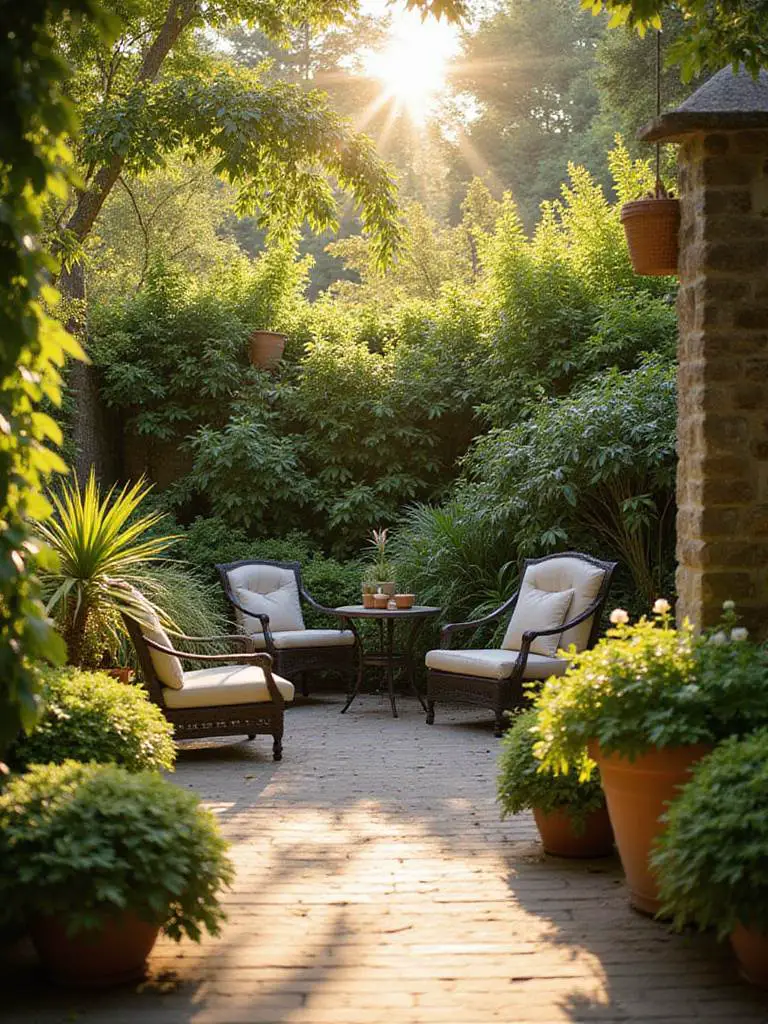 A tranquil patio garden bathed in warm golden light, featuring lush potted plants and comfortable seating, inviting relaxation.