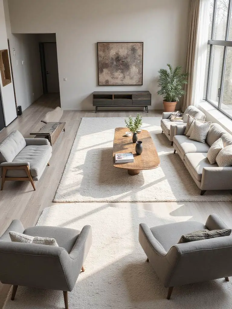 Modern living room with clear furniture layout showing smooth traffic pathways and natural light.