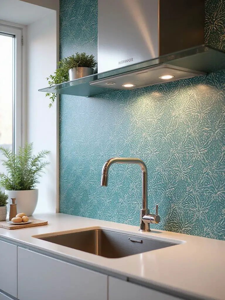 Kitchen with waterproof wallpaper backsplash behind sink