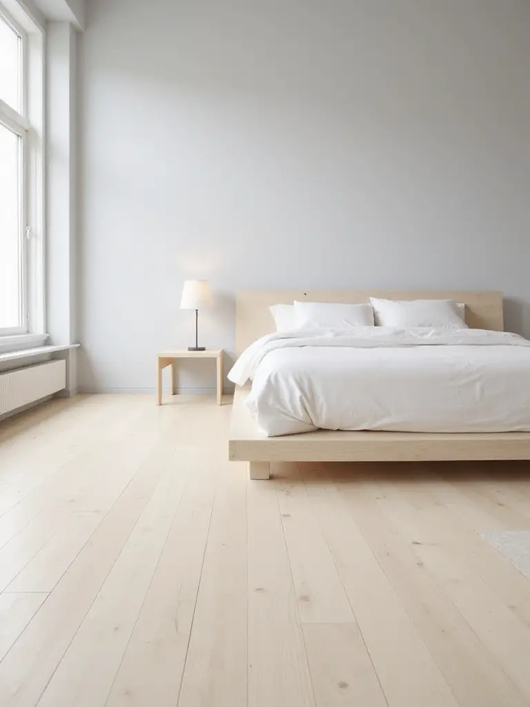 Minimalist bedroom with completely clear light wood floor.