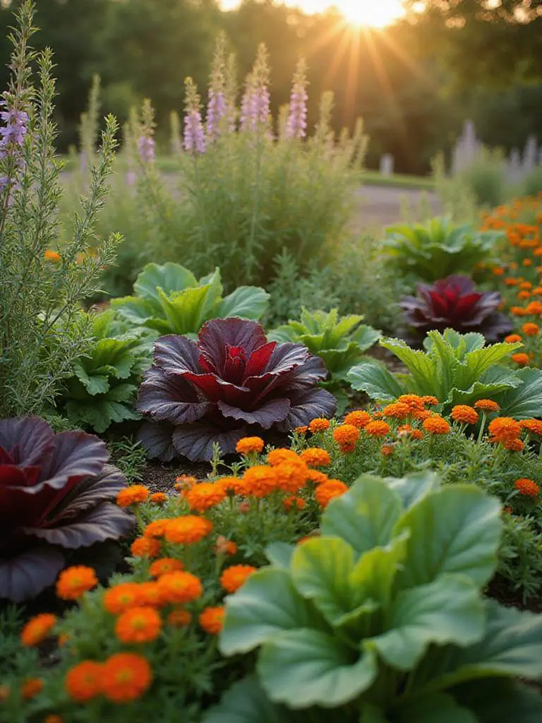 A vibrant garden scene featuring a mix of edible plants like Swiss chard, nasturtiums, and herbs integrated into ornamental beds.
