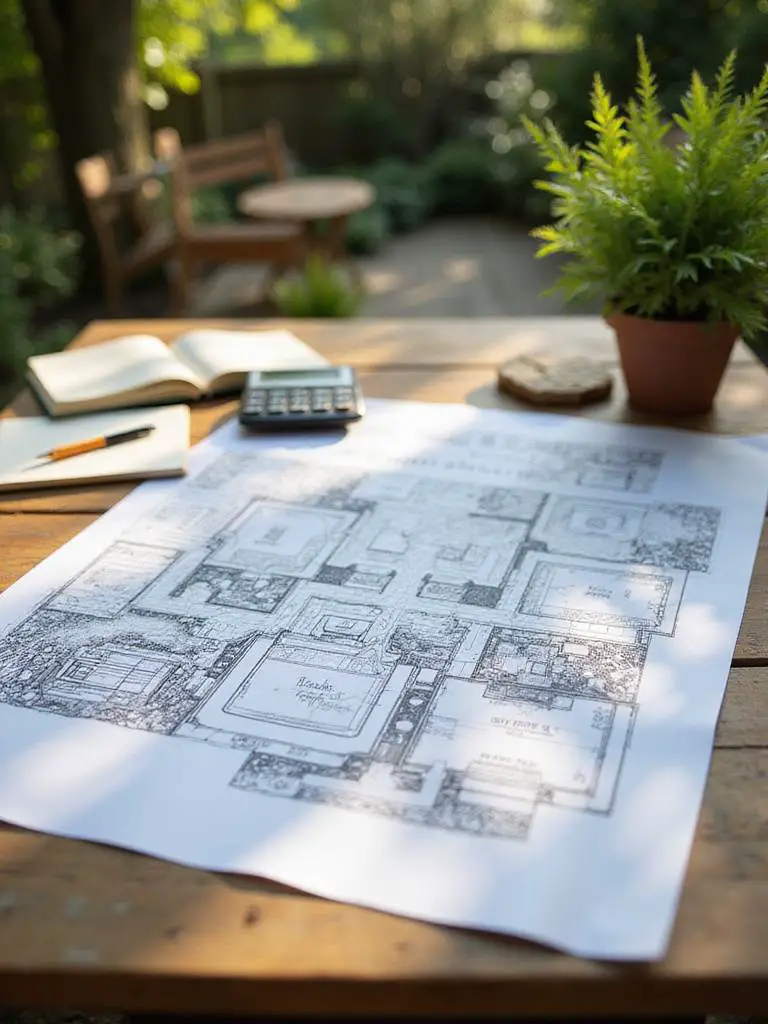 A detailed view of a backyard design blueprint on a table, surrounded by budgeting tools and greenery.