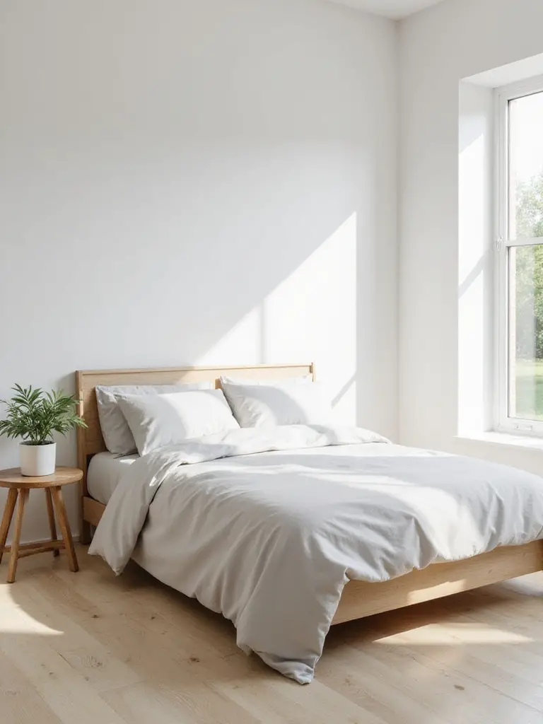 Clean and tidy minimalist bedroom with made bed and natural light