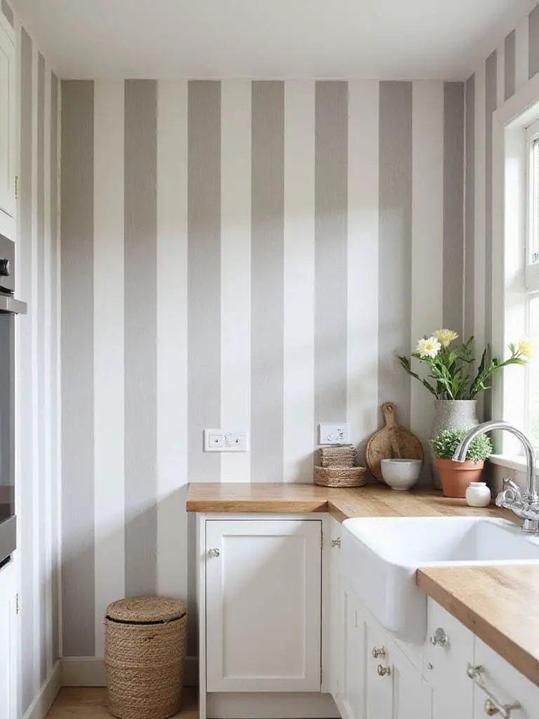 Small kitchen with vertical striped wallpaper enhancing height perception