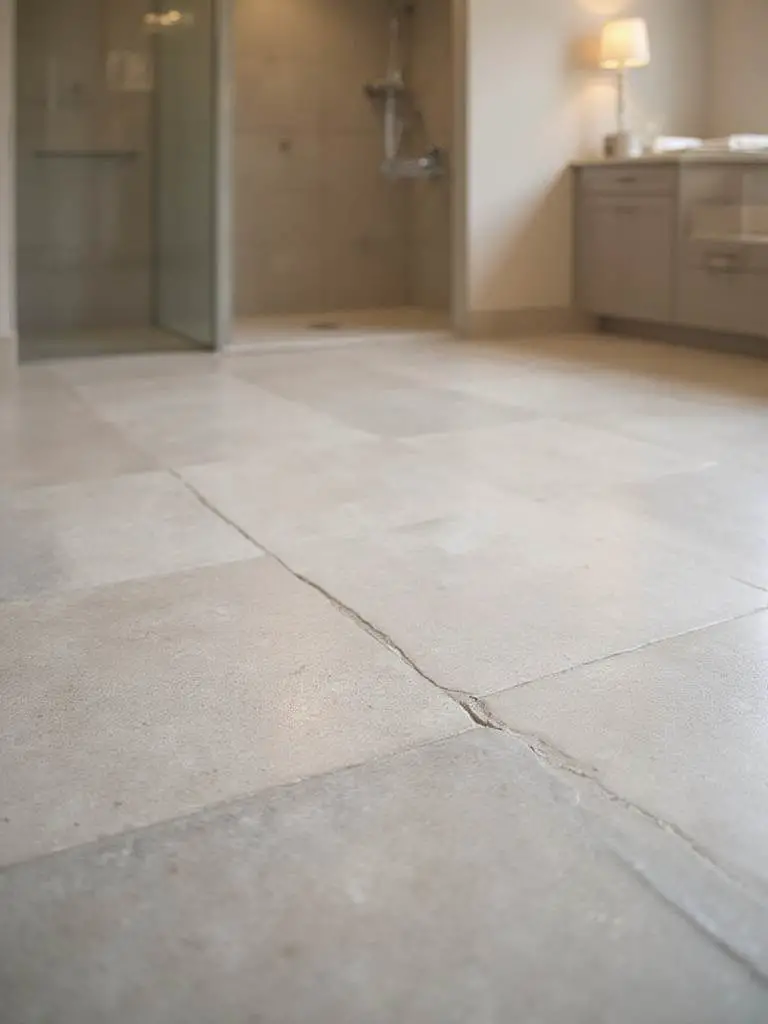 View of a modern bathroom floor with large light gray tiles, looking warm and inviting, suggesting the comfort of heated floors. A glass shower enclosure is visible in the background.
