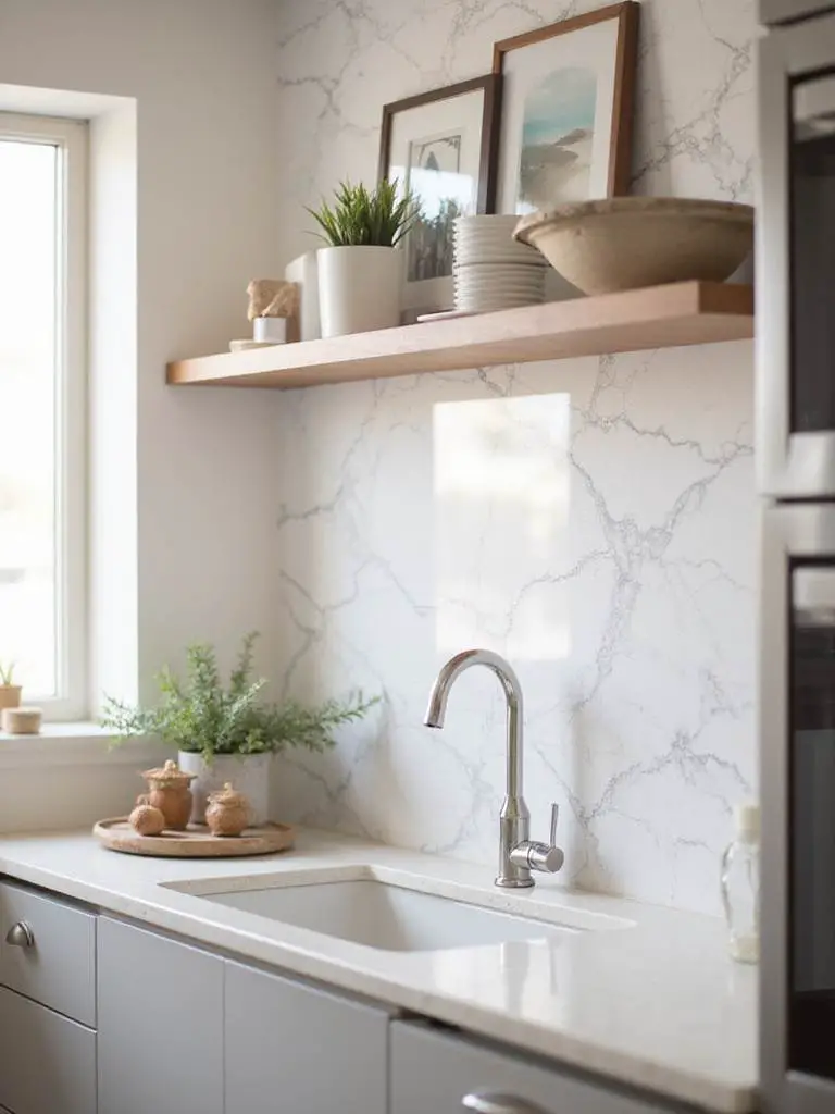 Modern kitchen with marble-patterned removable wallpaper and bright decor