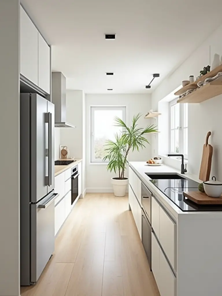 View of a small, modern kitchen showcasing space-saving built-in appliances like an integrated refrigerator, built-in oven, and flush induction hob.