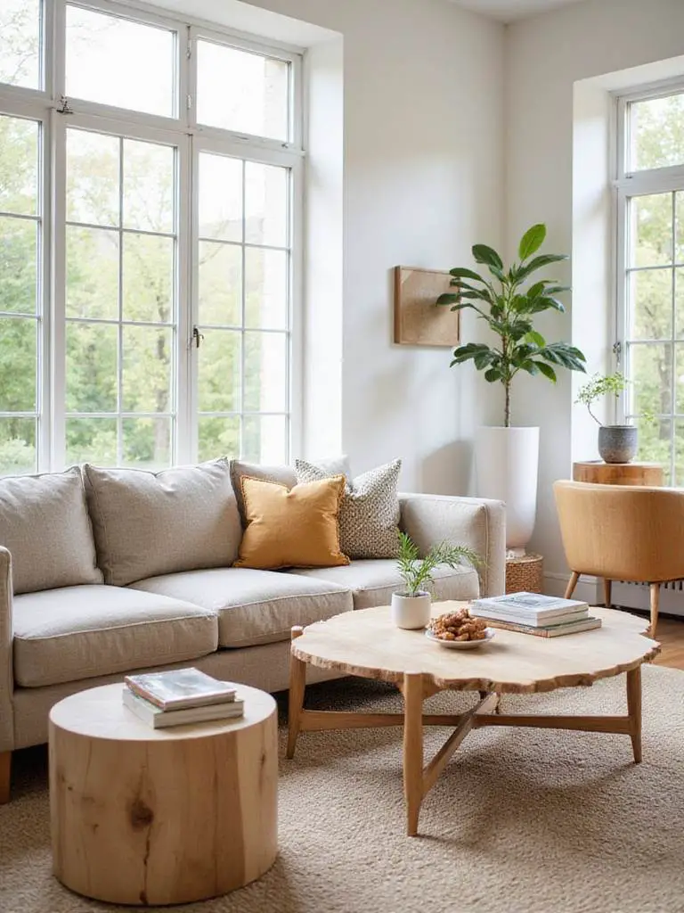 Contemporary living room with sustainable furniture: FSC wood coffee table, organic fabric sofa, natural light. Eco-friendly home decor.
