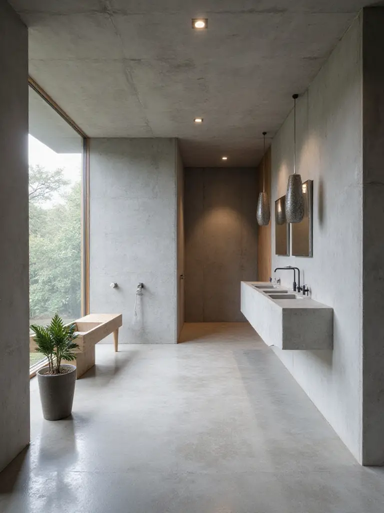 Modern bathroom design featuring polished concrete floor, microcement wall finish, and concrete vanity with integrated sink, showcasing minimalist style and natural light.