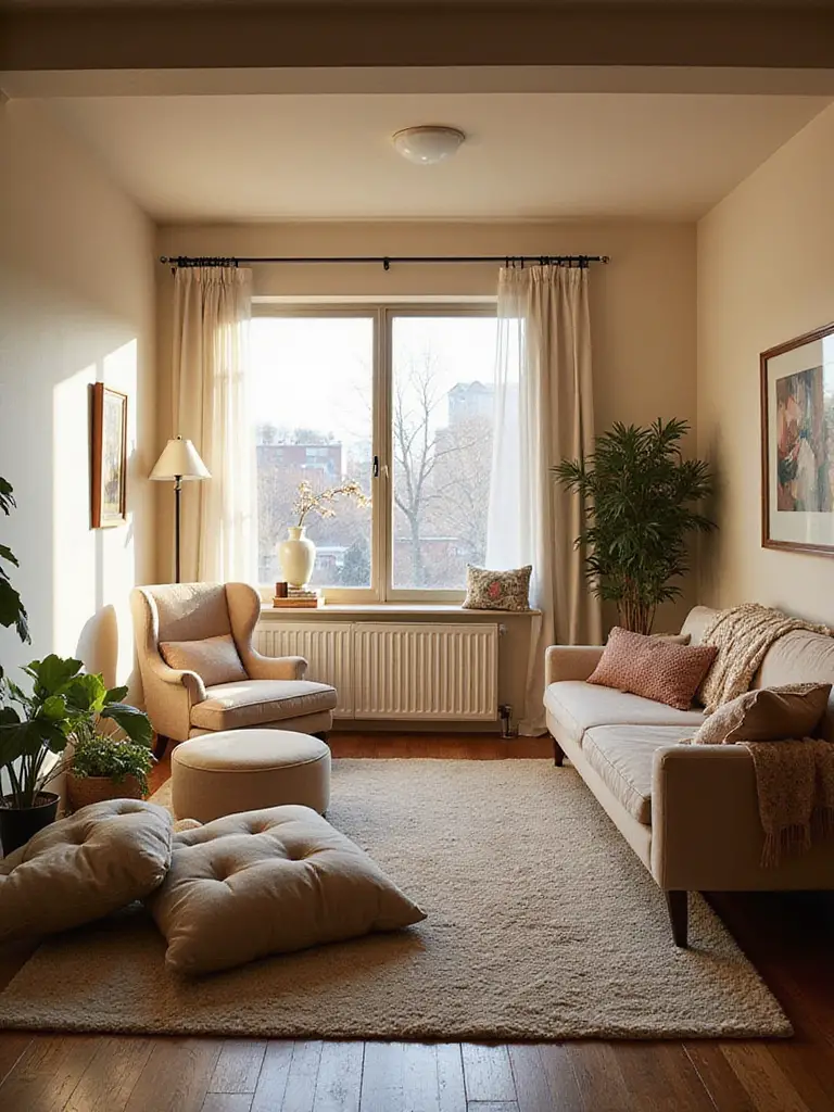 Cozy apartment living room without a sofa, featuring an accent chair, floor cushions, and a daybed arranged around a rug, bathed in warm natural light.