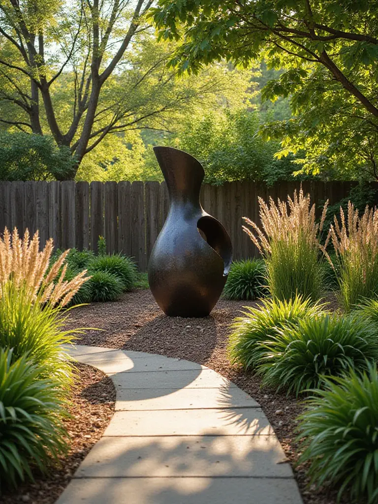 Modern abstract metal sculpture placed as a focal point in a lush green backyard garden with a stone path.