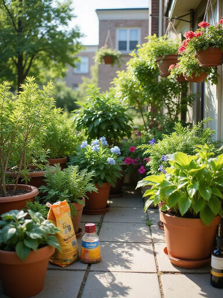 A vibrant patio filled with lush container plants in assorted pots, with fertilizer products visible nearby, illustrating healthy plant growth from proper feeding.