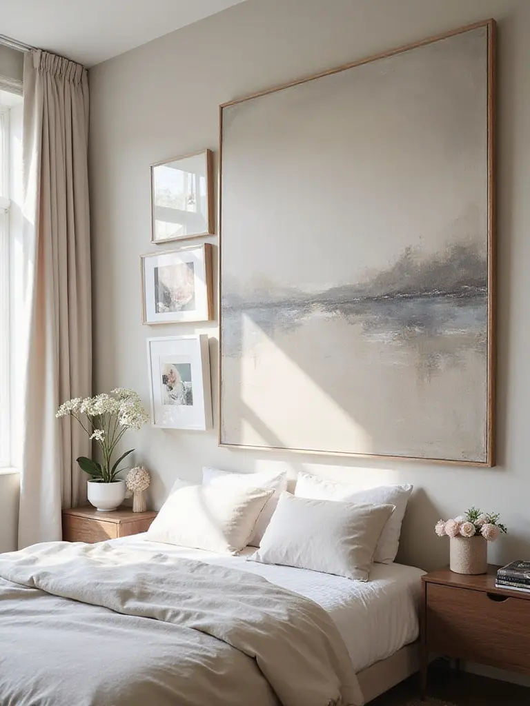 Expansive bedroom wall showcasing stylish art. Features either a large abstract painting or a curated gallery wall above a bed or dresser, illustrating how to fill large wall spaces effectively.