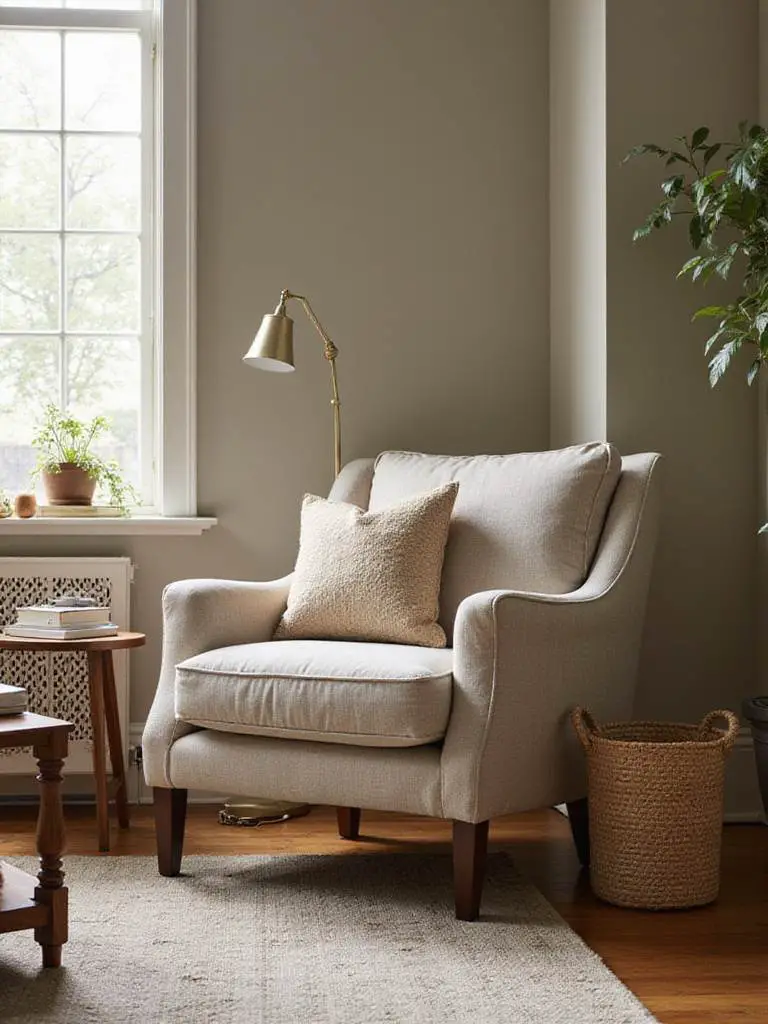 High-quality armchair on sale in a stylish living room, showcasing durable upholstery and solid wood frame.