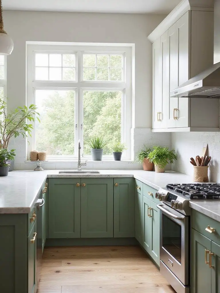 Professional photo of a kitchen with green cabinets and natural light.