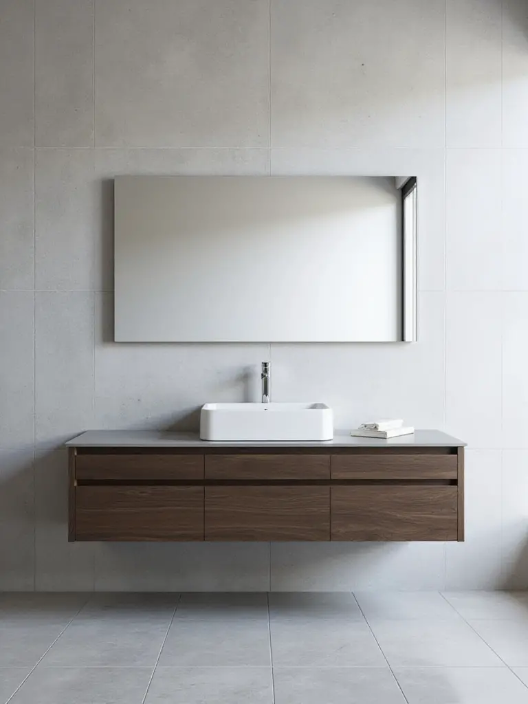 Modern bathroom with a dark wood floating vanity, white vessel sink, and large frameless mirror, showcasing a seamless, minimalist design.