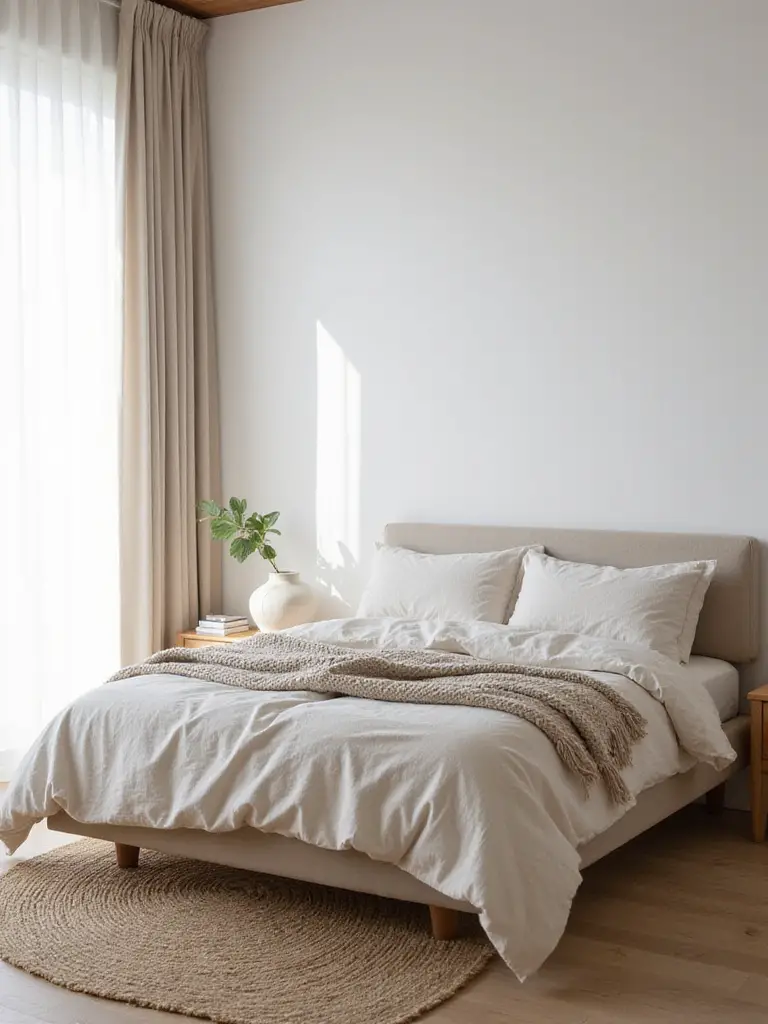 Minimalist bedroom with linen bedding, jute rug, and wooden nightstand showcasing varied textures for depth.