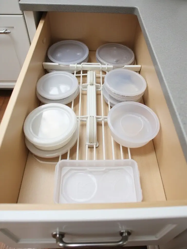 Kitchen cabinet drawer or shelf showing various food storage container lid organizers neatly holding lids upright.