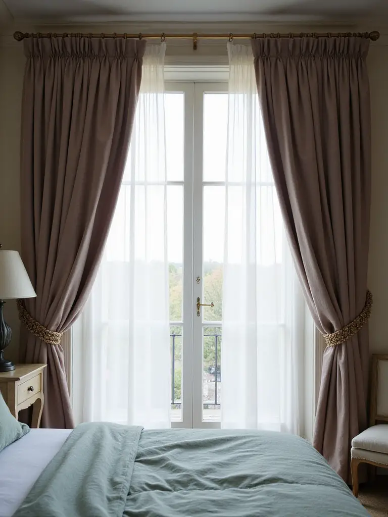 Bedroom window framed by elegant floor-length curtains, enhancing the cozy and serene atmosphere with soft natural light.