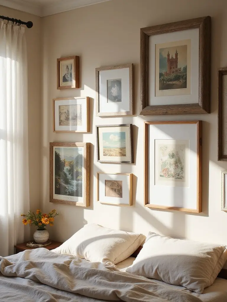 A bedroom wall featuring a gallery of framed posters in various sizes and frame styles, including some with wide mats, adding a stylish touch to the space.