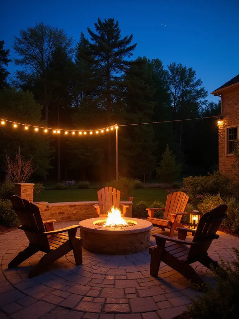 Cozy backyard fire pit area with stone seating and ambient lighting at dusk.
