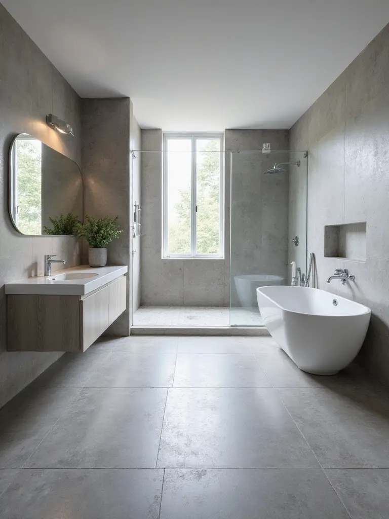 Modern bathroom featuring large format matte grey tiles on the floor and shower walls, creating a spacious, seamless, and minimalist design.