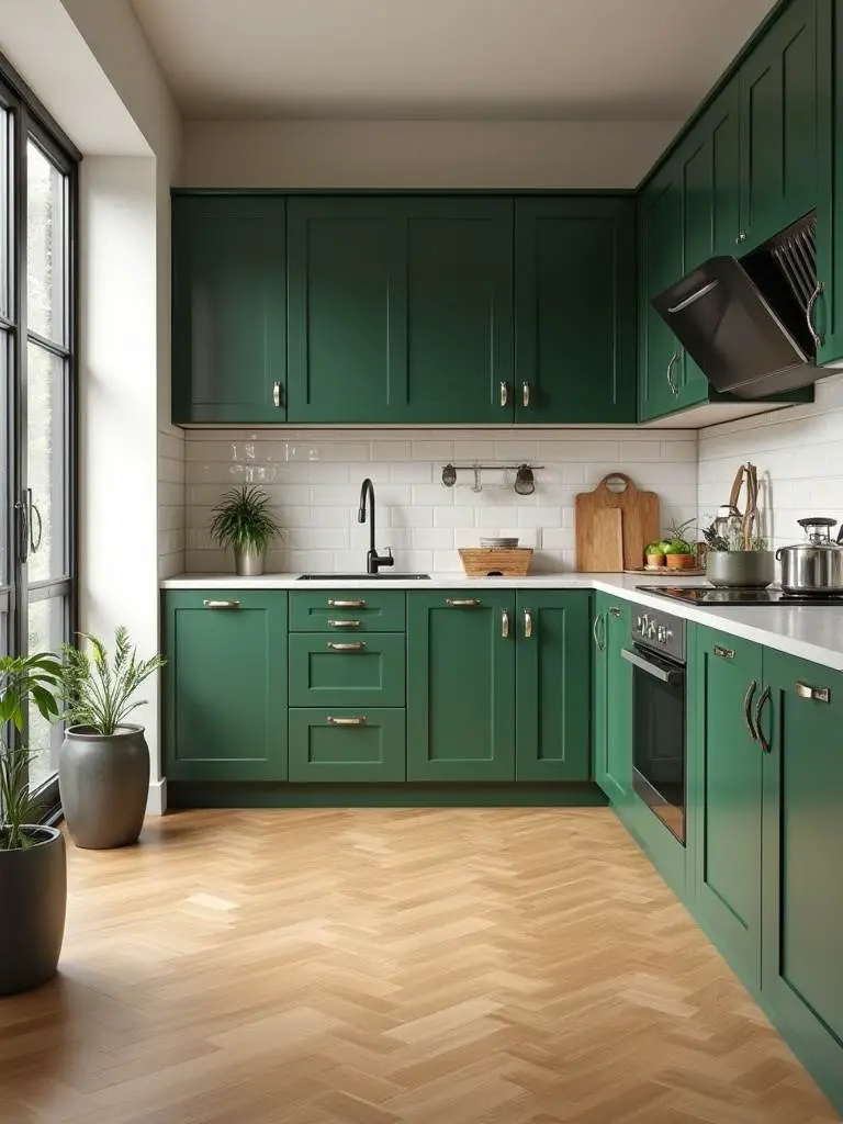 Stylish kitchen with green cabinets and natural wood flooring