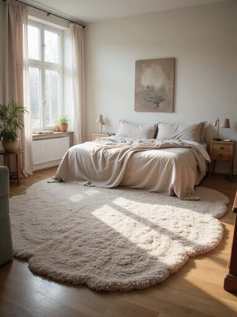 A cozy bedroom features a large, soft area rug placed under the bed, anchoring the space and adding warmth and texture to the floor.