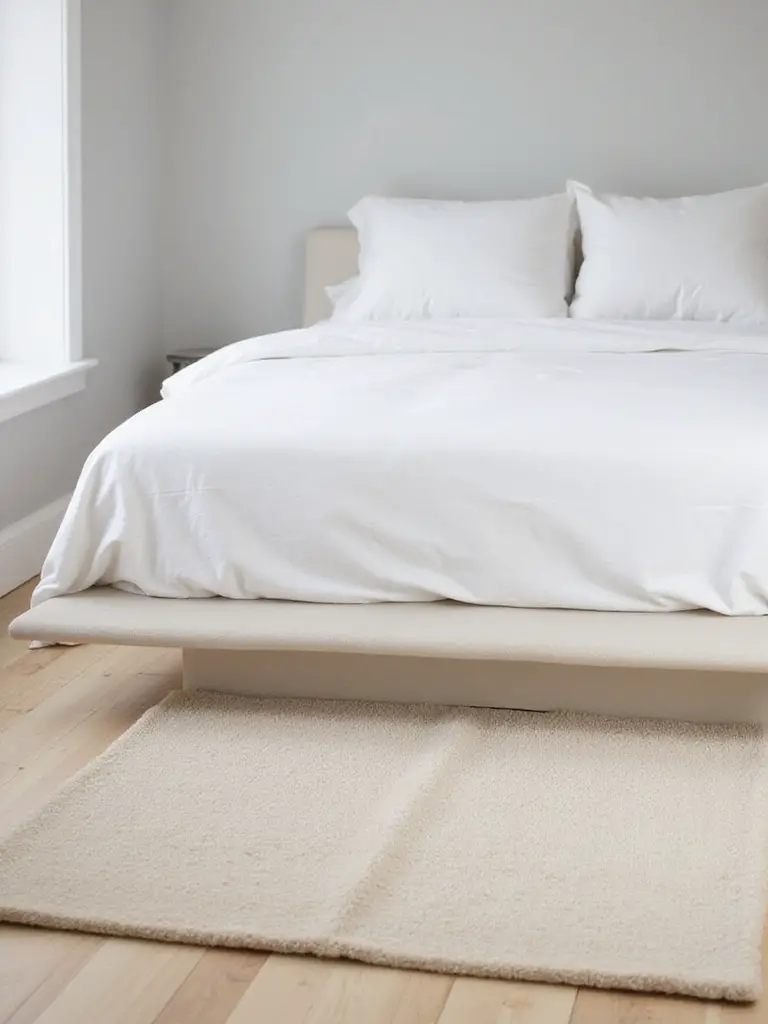 Minimalist bedroom with platform bed and large beige wool rug partially underneath.