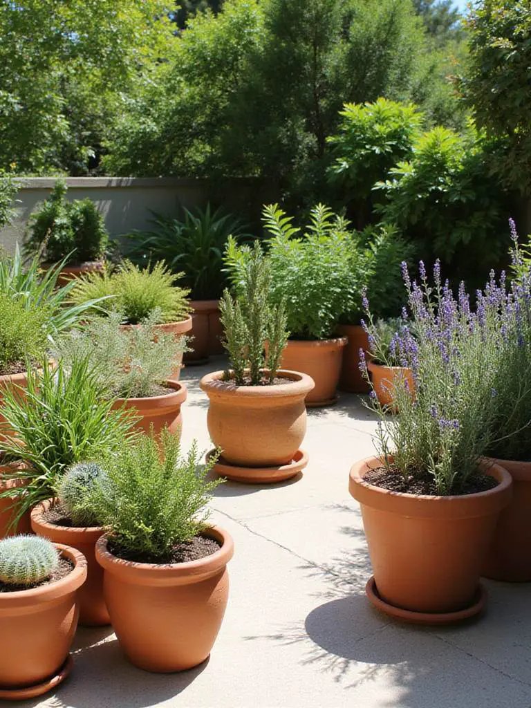 Patio garden with terracotta and ceramic pots, showing plants grouped by similar needs like sun exposure and watering requirements. Includes clusters of succulents, herbs, and shade-tolerant plants.