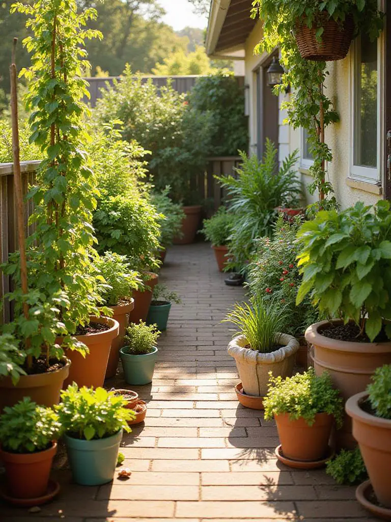 A patio garden filled with containers growing fresh herbs, vegetables like tomatoes and lettuce, and fruit like strawberries, bathed in warm sunlight.