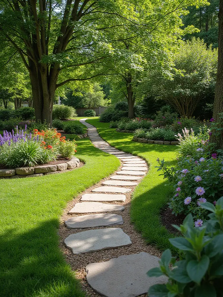 Winding flagstone stepping stone path through a lush green backyard garden with colorful flowers and dappled sunlight.