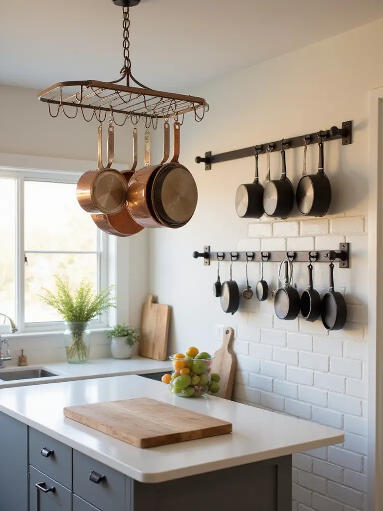 Copper and stainless steel pots and pans hanging neatly from a ceiling-mounted rack in a small, organized kitchen, demonstrating space-saving vertical storage.