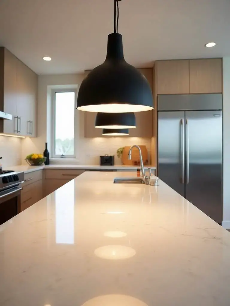 Three large matte black pendant lights hanging over a modern kitchen island with a light quartz countertop, providing warm task lighting.