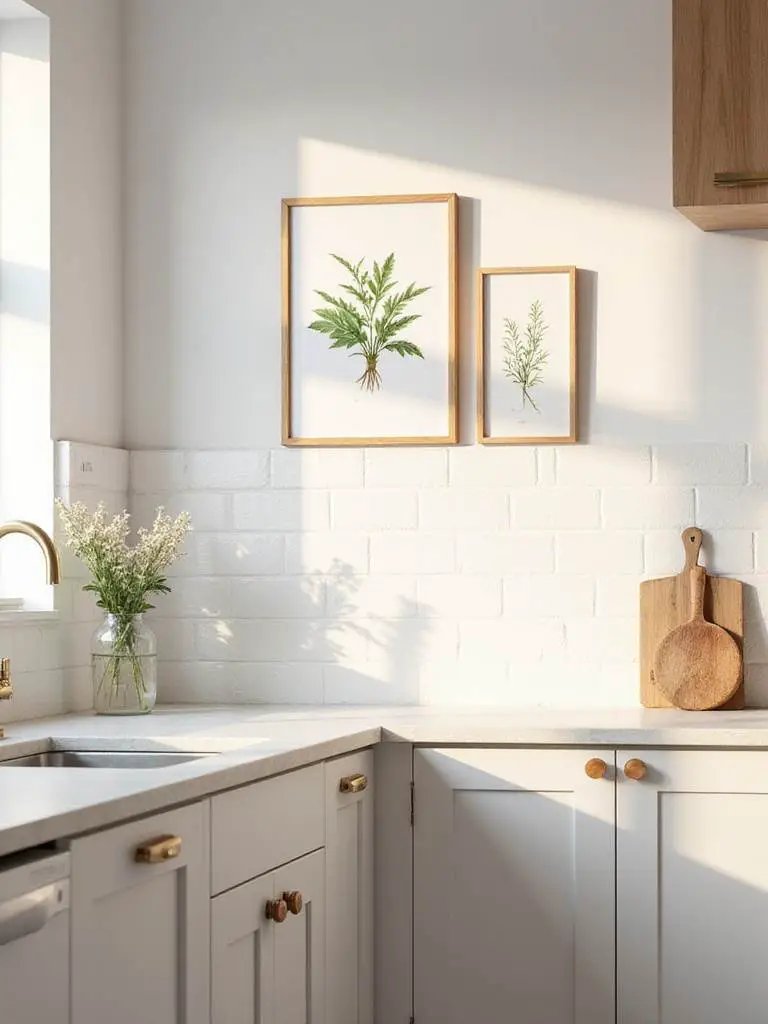 A modern kitchen wall decorated with a small gallery of three framed botanical herb prints above a white subway tile backsplash and countertop.