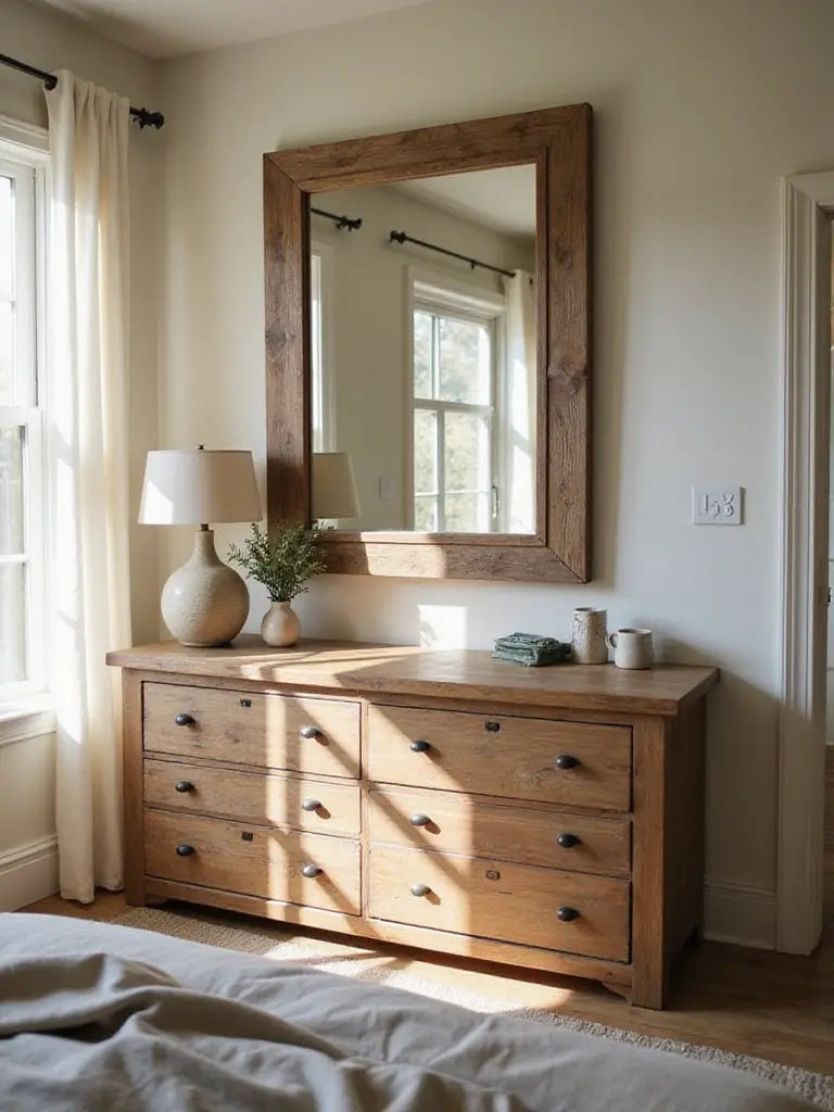 A large, distressed wood-framed mirror hanging above a rustic dresser in a cozy farmhouse bedroom.