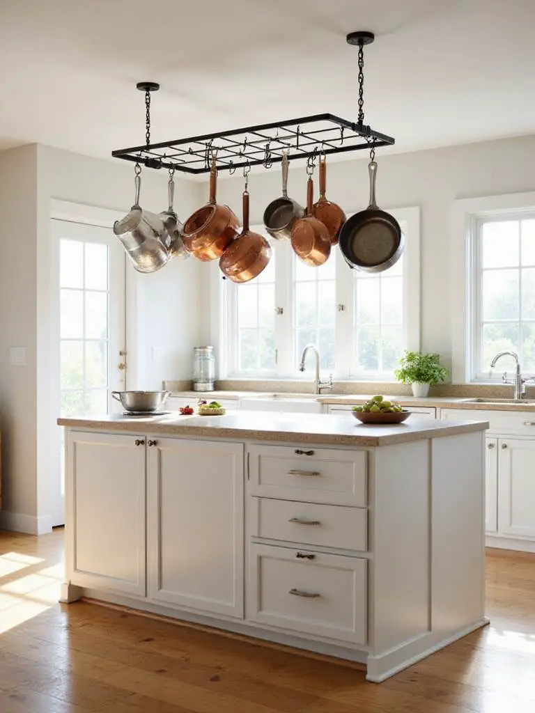 A kitchen with a ceiling-mounted pot rack displaying copper and stainless steel cookware over a central island.