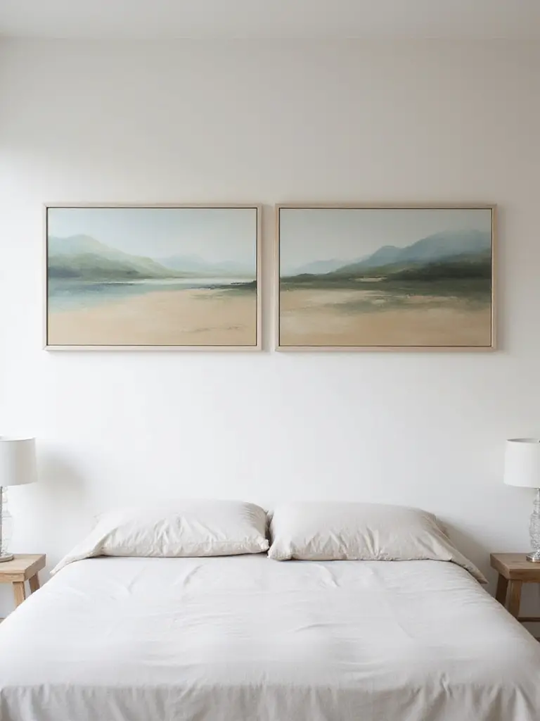 Large diptych artwork featuring an abstract landscape hung horizontally above a bed in a calm bedroom.