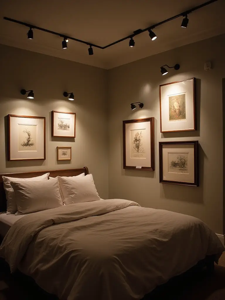 Bedroom wall showcasing framed art pieces beautifully highlighted by dedicated picture lights and adjustable track lighting, enhancing the room's aesthetic and drawing attention to the artwork.