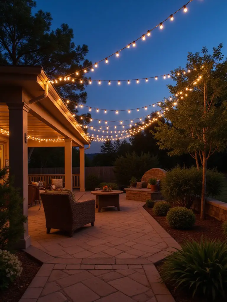Backyard patio at dusk illuminated by warm string lights draped overhead, creating a cozy outdoor ambiance.