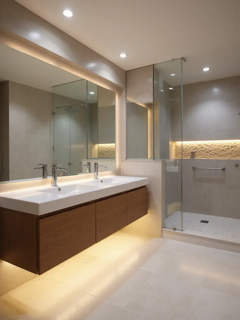 Modern bathroom featuring integrated LED lighting under a floating vanity, behind a mirror, and within a shower niche, creating a clean, minimalist, and brightly illuminated space.