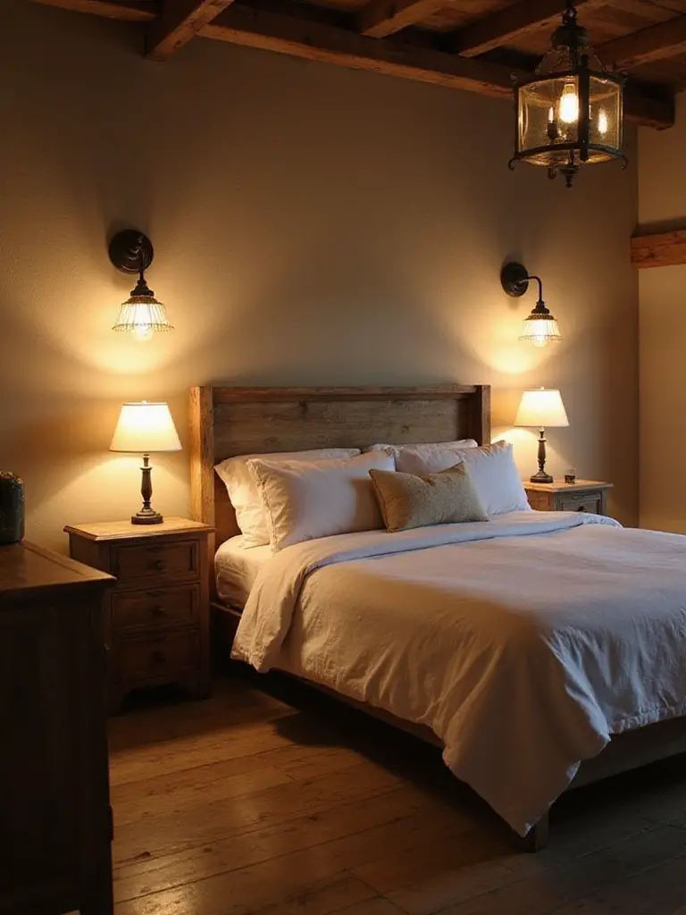 Cozy farmhouse bedroom illuminated by warm, vintage-inspired lighting including a metal chandelier, industrial sconces, and a desk lamp.