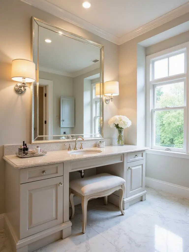 A dedicated makeup and grooming area in a luxurious dream bathroom, featuring a built-in vanity with drawers, a comfortable stool, a large illuminated mirror with sconces, and organized cosmetics on the countertop.