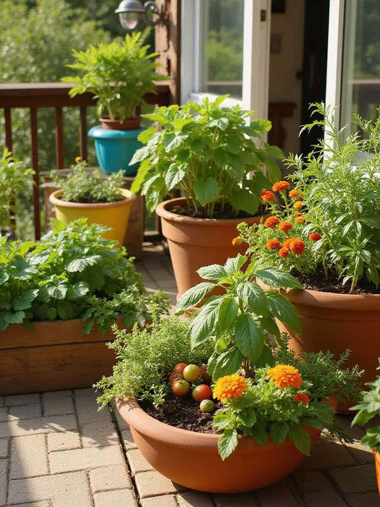 A patio garden scene featuring various containers filled with healthy companion-planted vegetables, herbs, and flowers, such as tomatoes with basil, marigolds with peppers, and nasturtiums with beans, under warm golden hour light.