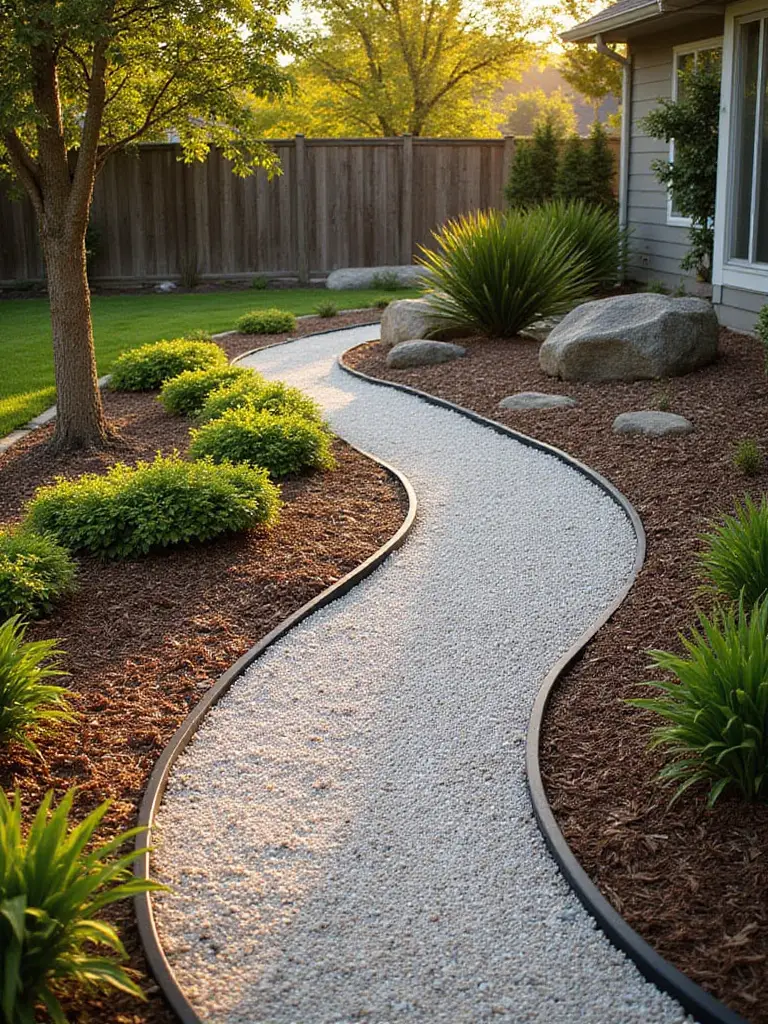 A backyard pathway made of pea gravel bordered by edging, with garden beds mulched in dark bark and decorative river rocks, illuminated by golden hour light.