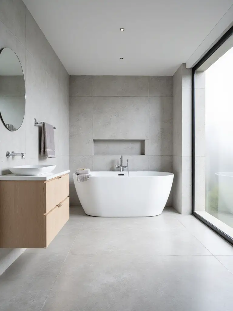 Modern bathroom featuring a floating wood vanity and a natural stone accent wall behind a freestanding tub, creating a spa-like atmosphere.