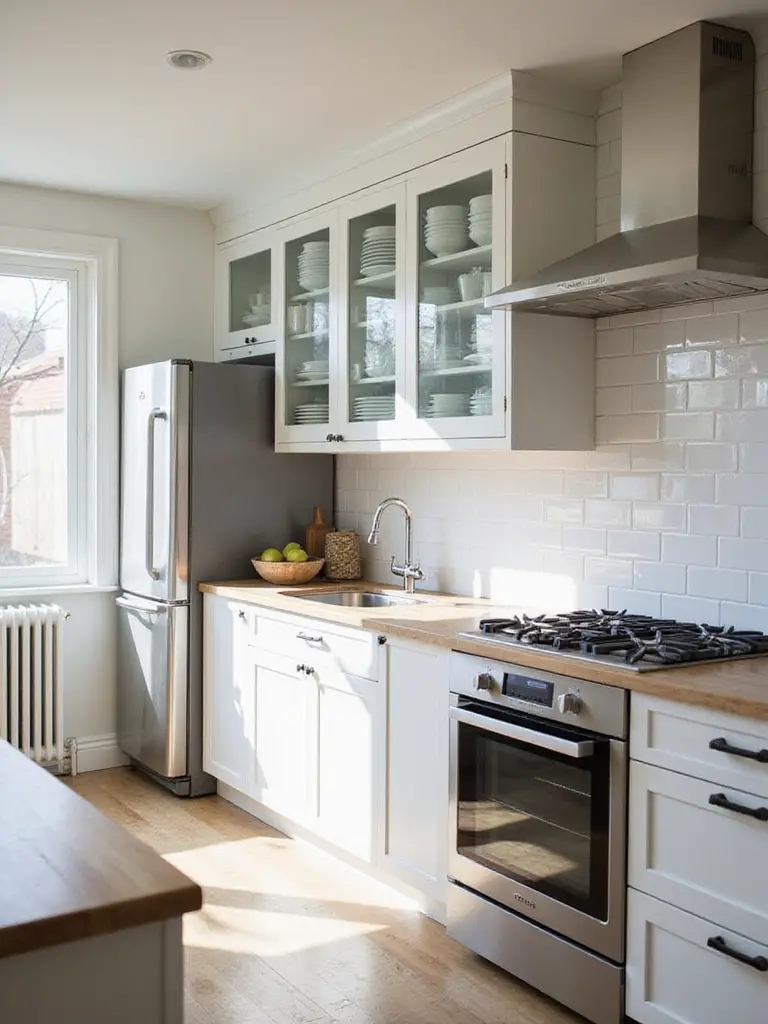 A small kitchen featuring design elements that use reflective surfaces to enhance the space, including a glossy white subway tile backsplash, stainless steel appliances, and glass-front upper cabinets.