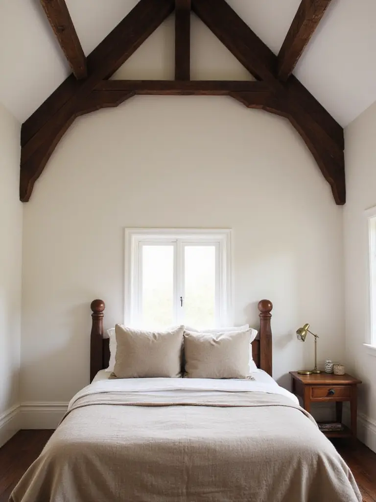 Cozy farmhouse bedroom with vaulted ceiling and prominent dark rustic wood beams.